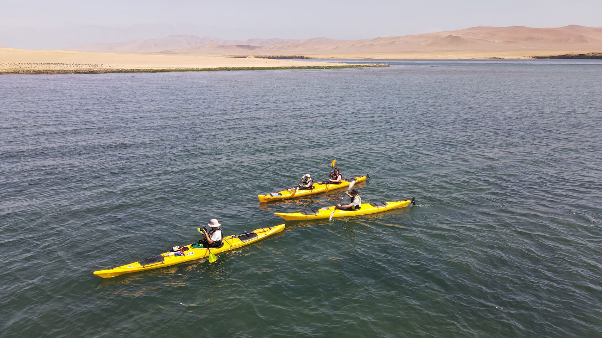One tandem and two single kayaks from the air in Paracas bay - RESPONSible Travel Peru