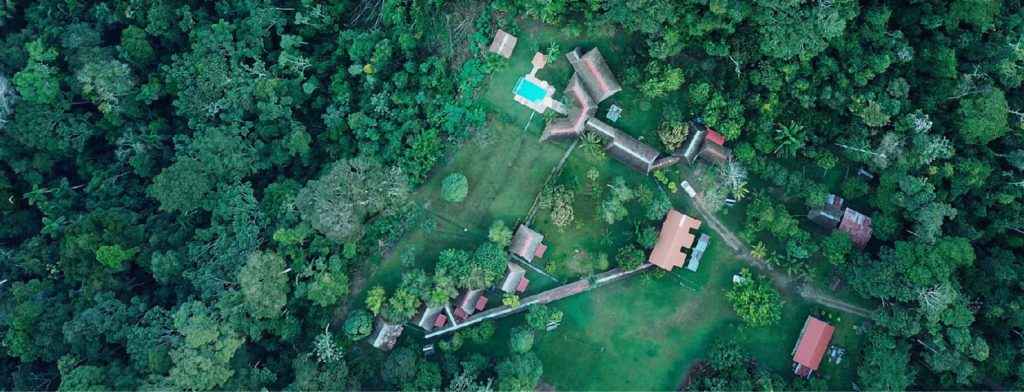 Aerial view of Estancia Bello Horizonte lodge. Travel the jungle with RESPONSible Travel Peru.