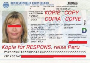 German passport specimen as an example on how to prepare a passport to send it to your tour operator. Find out more at RESPONSible Travel Peru's website