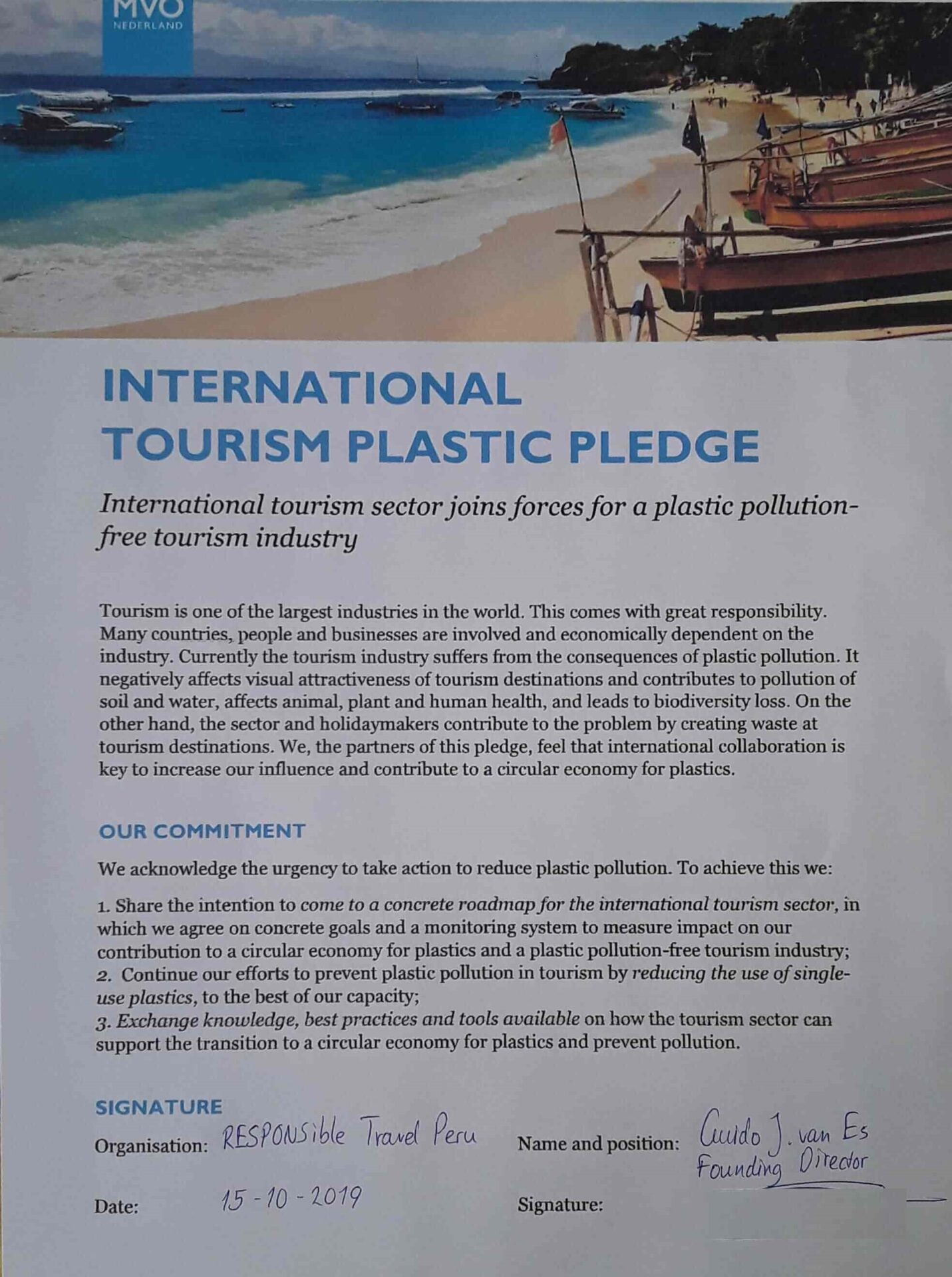 International Tourism Plastic Pledge. Sustainable tourism with RESPONSible Travel Peru.
