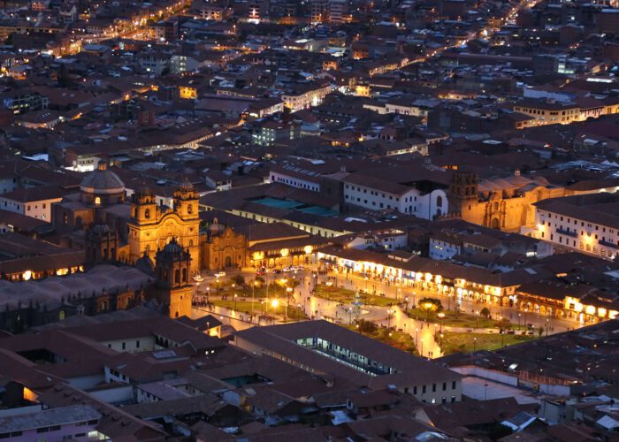 Cusco main square or Plaza de Armas at night from the Cristo Blanco lookout