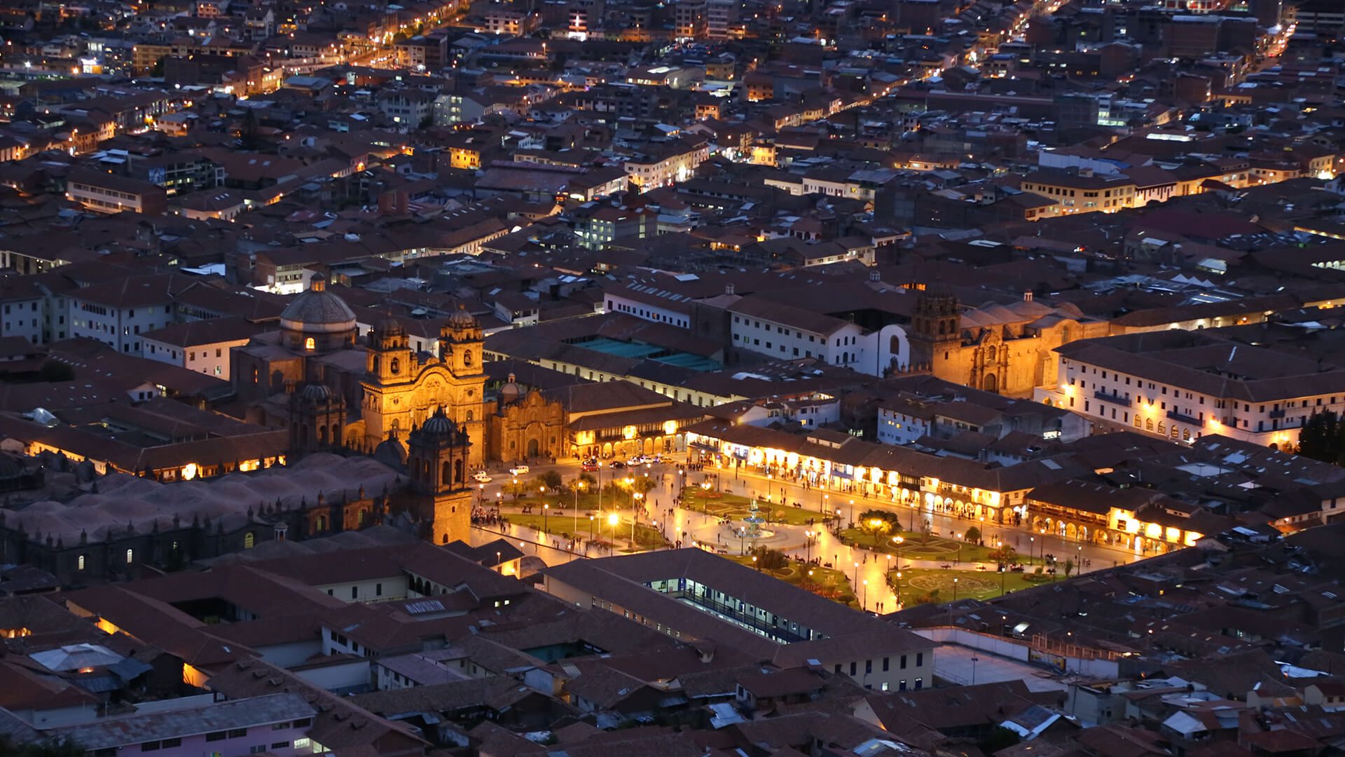 Cusco main square or Plaza de Armas at night from the Cristo Blanco lookout