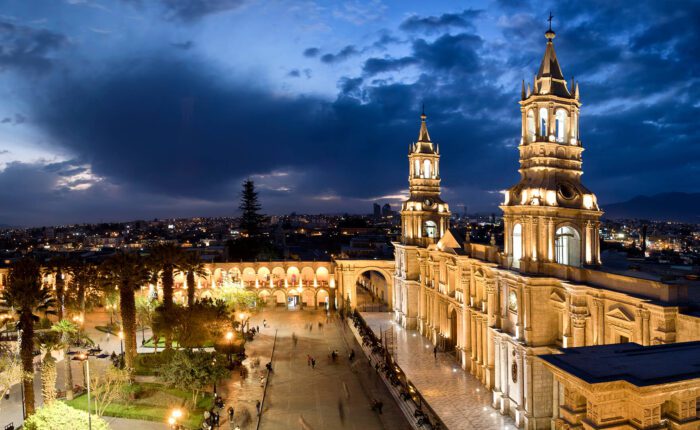 The blue hour at Arequipa city center makes of the urban scene the most beautiful view - RESPONSible Travel Peru